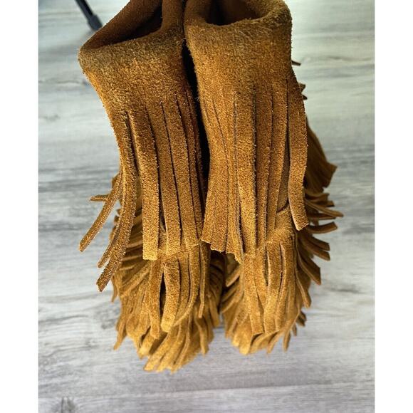 Minnetonka Brown Suede Moccasin Calf Boots 3 Layer Fringe 1632 Women’s Size 6 - Picture 5 of 7